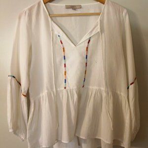 LOFT White Peplum Top with Multicolor Embroidered Accents and Bubble Sleeve